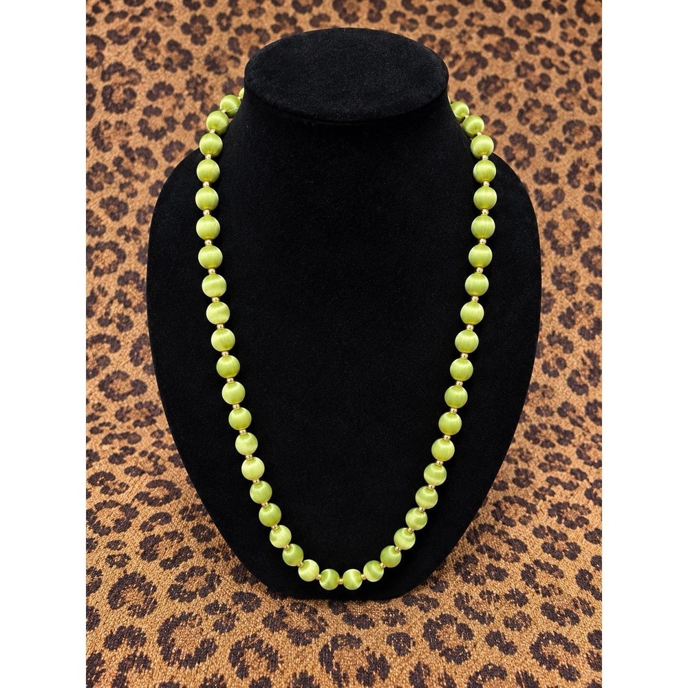 VTG 1960/70s Chartreuse Green Silk Thread Wrapped Bead Necklace 30" Boho Whimsy